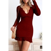 Lovely Sweet V Neck Flounce Wine Red Mini Dress