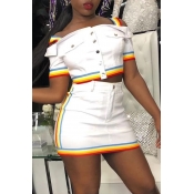 Lovely Trendy Rainbow Striped White Two-piece Skir