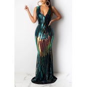 Lovely Party V Neck Patchwork Blue Evening Dress