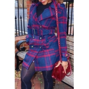 Lovely Casual Plaid Print Blue Coat