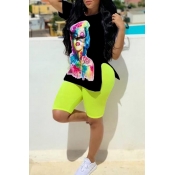 LW Casual O Neck Printed Black Two-piece Shorts Se