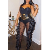 Lovely Trendy Flounce Patchwork Black One-piece Ju