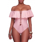 Lovely Flounce Design Pink One-piece Swimsuit