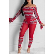 Lovely Trendy Print Bright Red Two-piece Pants Set