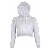 Lovely Casual Hooded Collar Crop Top Light Grey Ho