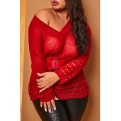 Lovely Chic Hollow-out Red Plus Size Sweater