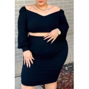 Lovely Casual Crop Top Black Plus Size Two-piece S