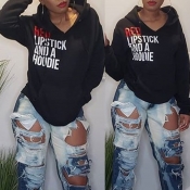 Lovely Casual Letter Print Black Hoodie