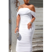 Lovely Trendy Dew Shoulder White Mid Calf Dress