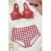 Lovely Plaid Print Red Two-piece Swimsuit