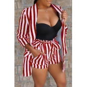 Lovely Casual Turn-back Collar Striped Red Two-pie