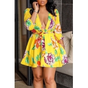 LW Chic V Neck Print Yellow Mini Dress