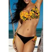 Lovely Lace-up Print Yellow Two-piece Swimsuit