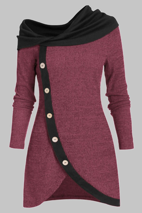 Lovely Casual Patchwork Wine Red Knee Length Plus Size Dress