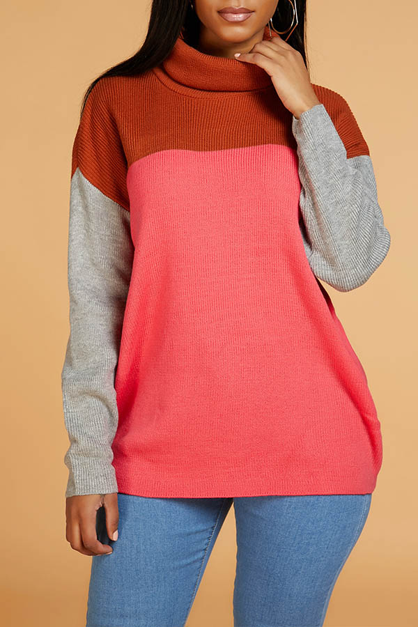

Lovely Trendy Color-lump Patchwork Rose Red Sweater