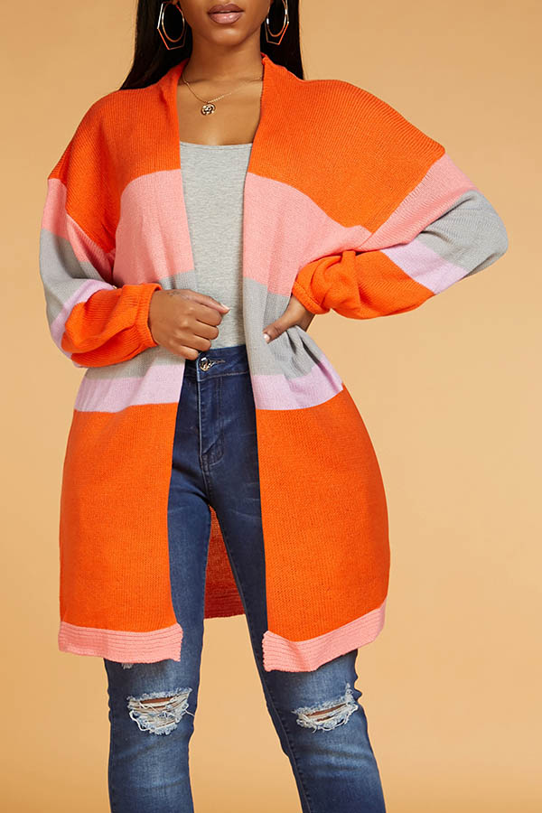Lovely Casual Color-lump Orange Cardigan