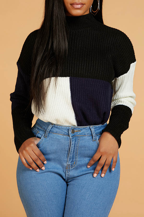 

Lovely Casual Turtleneck Patchwork Deep Blue Sweater