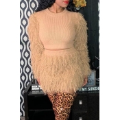 Lovely Casual Tassel Design Khaki Two-piece Skirt 