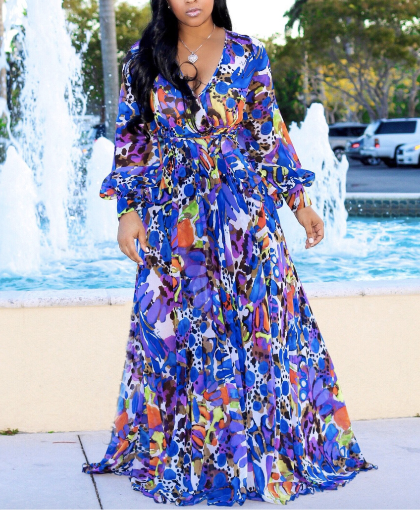 

Lovely Bohemian V Neck Print Blue Maxi Dress