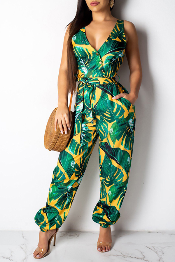 

Lovely Chic Print Hollow-out Green One-piece Jumpsuit