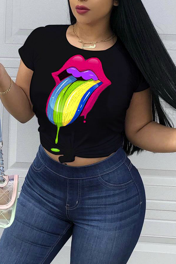

Lovely Casual Lip Print Black T-shirt