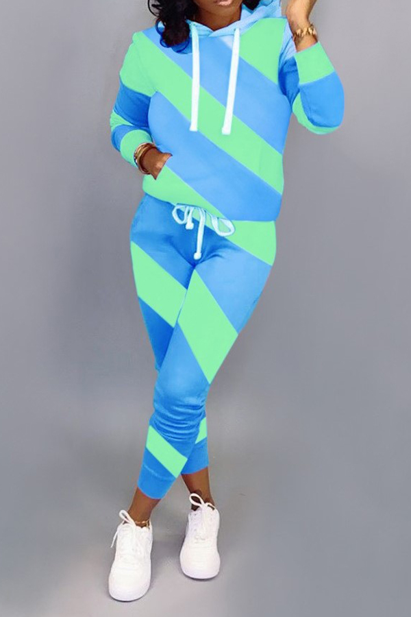 

Lovely Casual Striped Blue Two-piece Pants Set