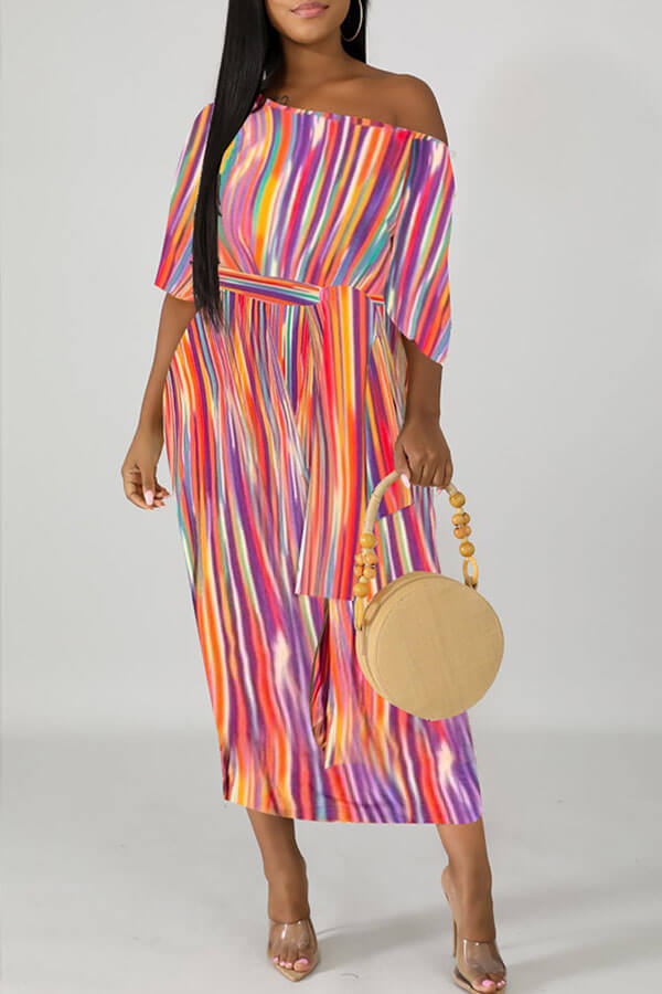 

Lovely Casual Striped Multicolor Mid Calf Dress, Multi