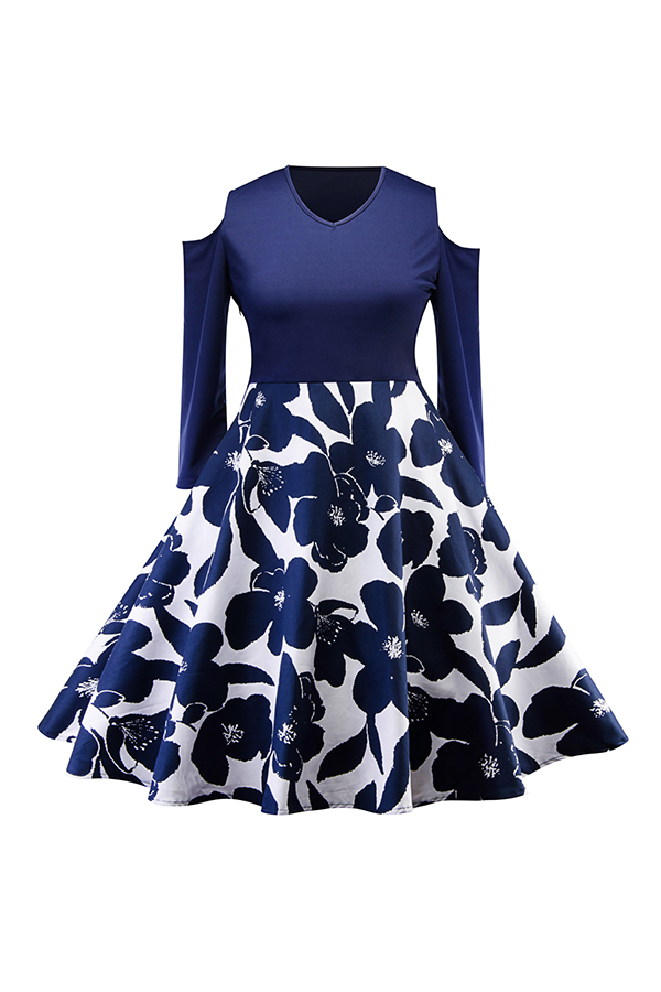 

Lovely Casual Patchwork Dark Blue Knee Length Plus Size Dress