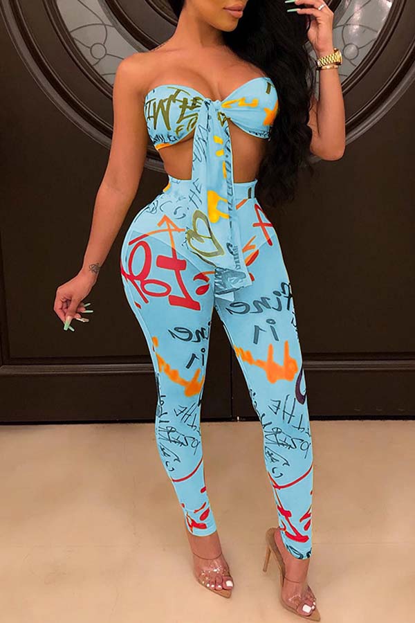 

Lovely Trendy Crop Top Print Blue Two-piece Pants Set