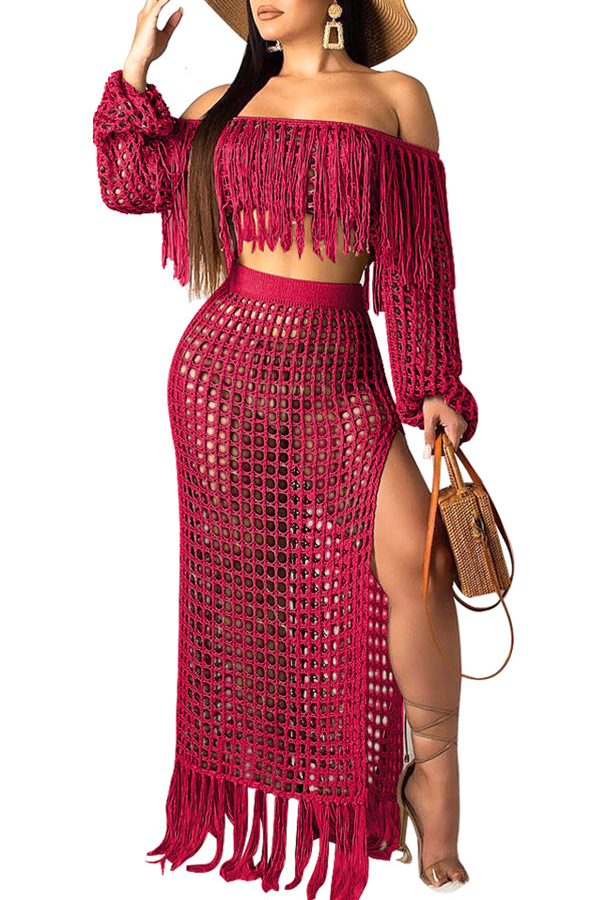 

Lovely Hollow-out Wine Red Beach Dress