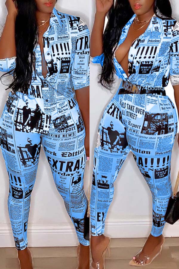

Lovely Casual Print Blue Plus Size Two-piece Pants Set