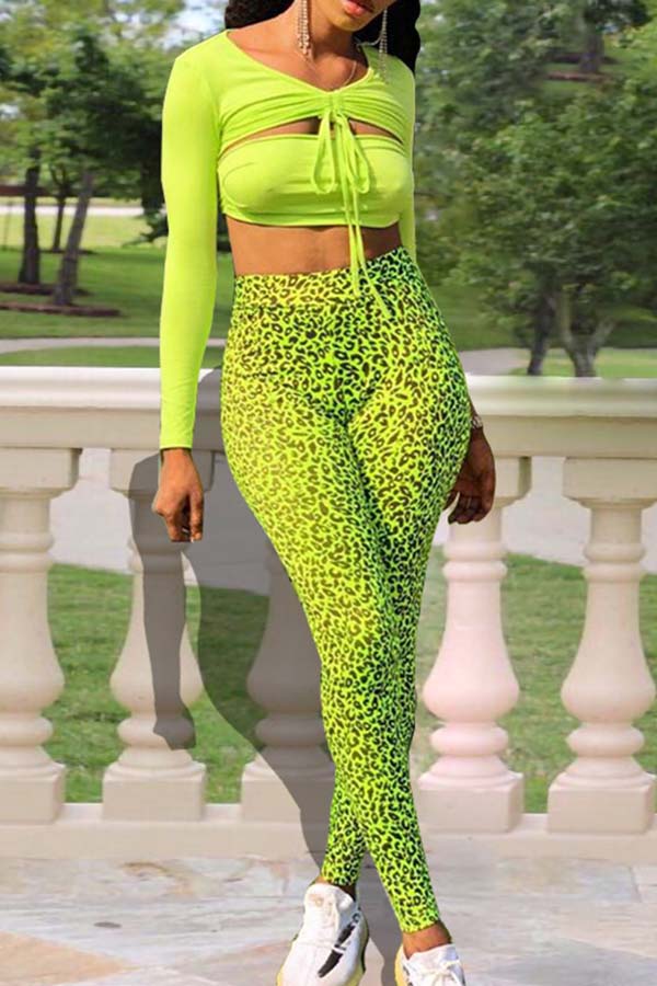 

Lovely Chic V Neck Print Green Two-piece Pants Set