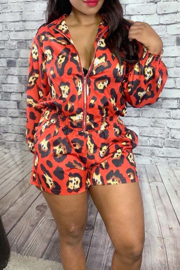 

Lovely Chic Print Zipper Red Two-piece Shorts Set