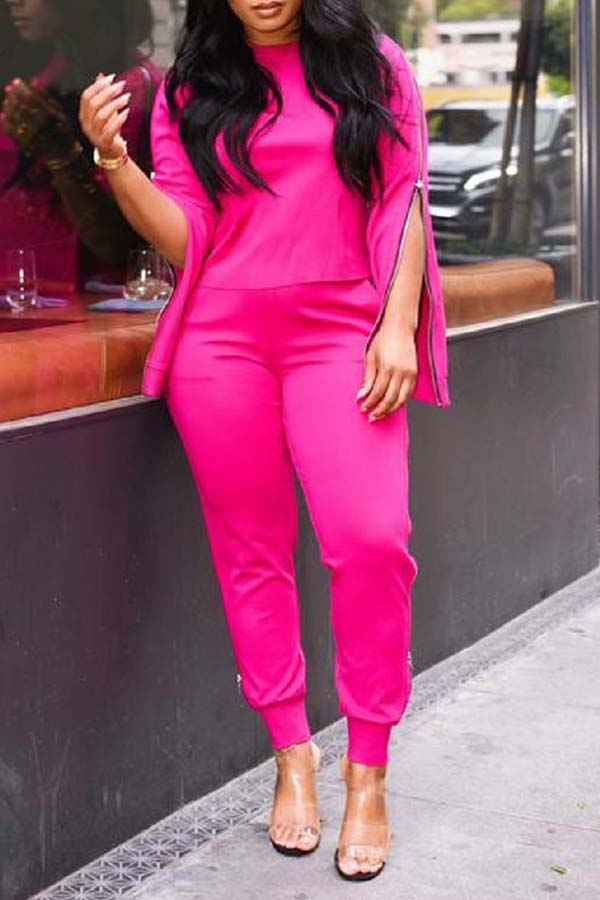 

Lovely Casual Zipper Design Rose Red Two-piece Pants Set
