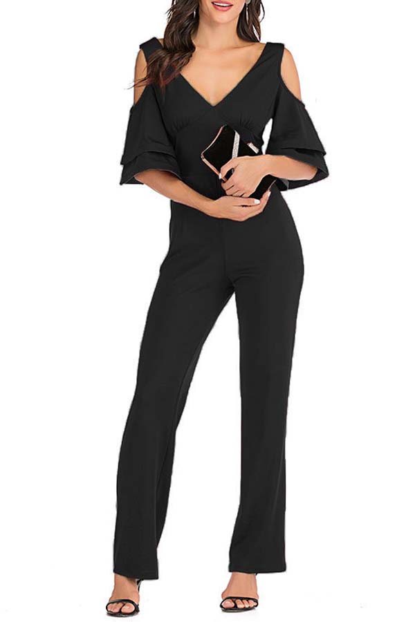 

Lovely Chic V Neck Dew Shoulder Black One-piece Jumpsuit
