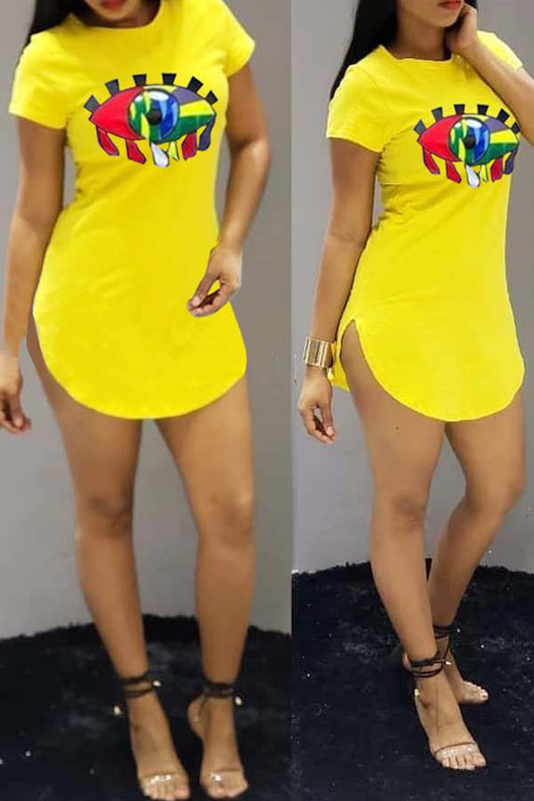 

Lovely Chic Eye Print Yellow Mini Dress