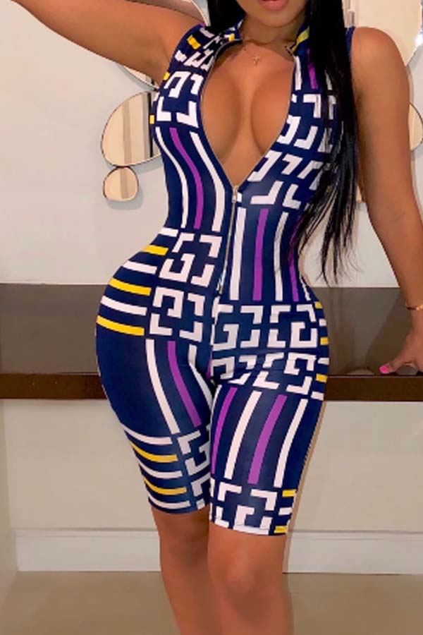 

Lovely Sexy Zipper Design Print Purple One-piece Romper