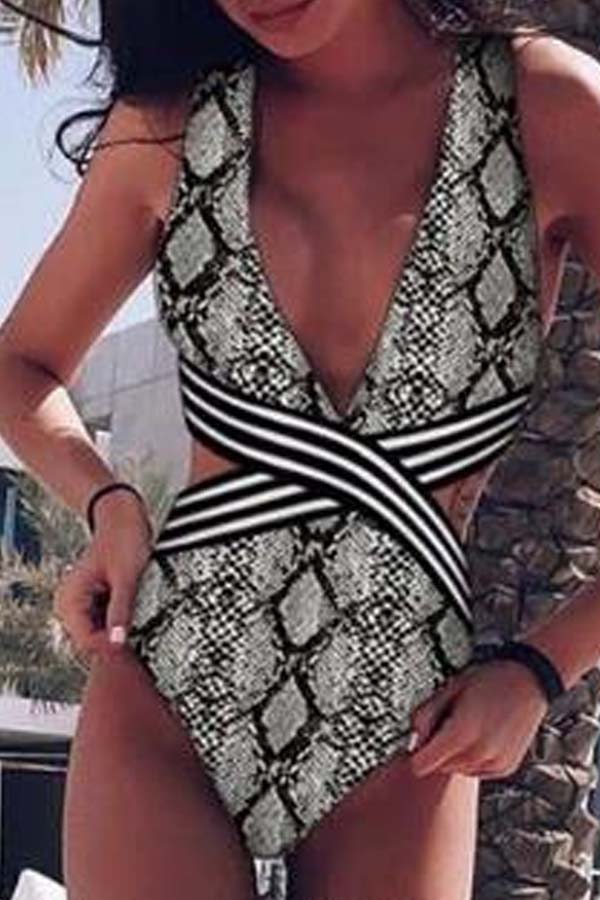 

Lovely V Neck Print One-piece Swimsuit, Cobra