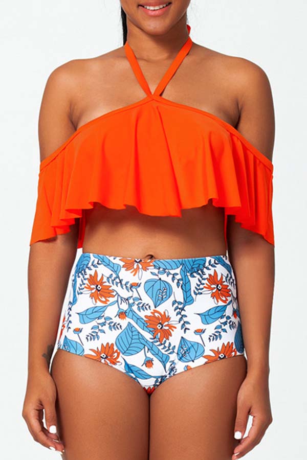 

Lovely Flounce Print Orange Red Two-piece Swimsuit, Orange yellow