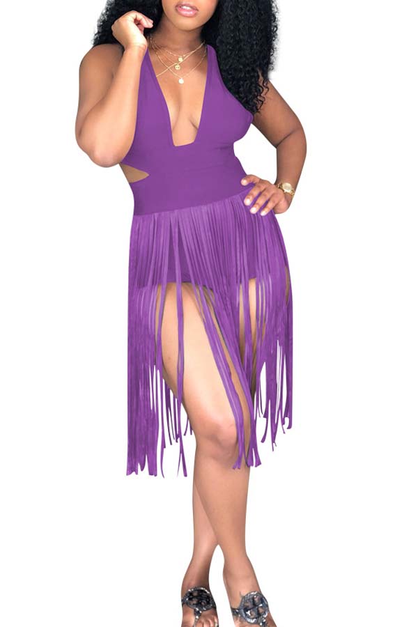 

Lovely Tassel Design Purple One-piece Swimsuit