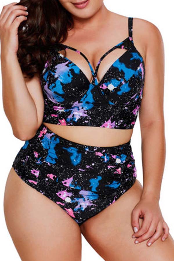 

Lovely Chi Hollow-out Print Black Plus Size Two-piece Swimsuit