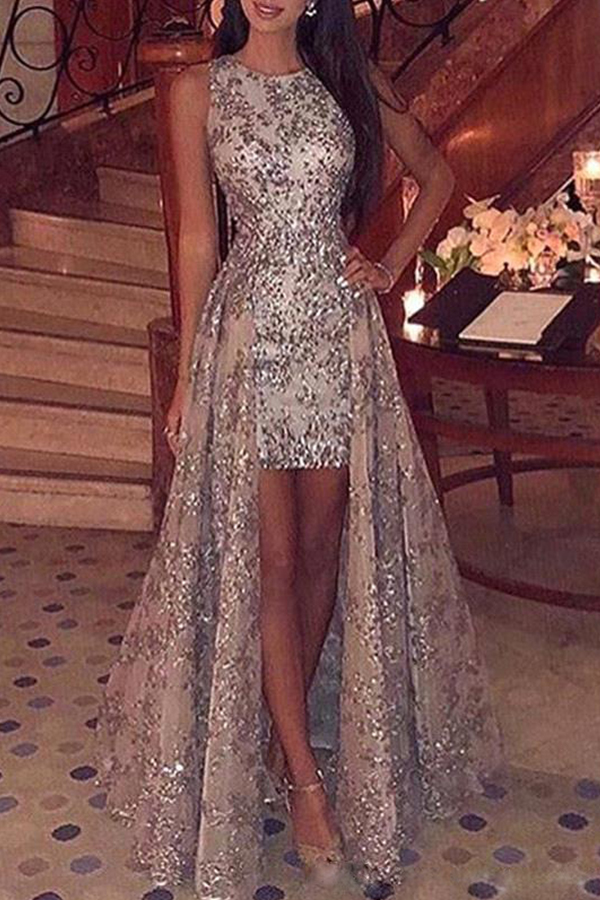 

Lovely Trendy O Neck Asymmetrical Gold Floor Length Dress