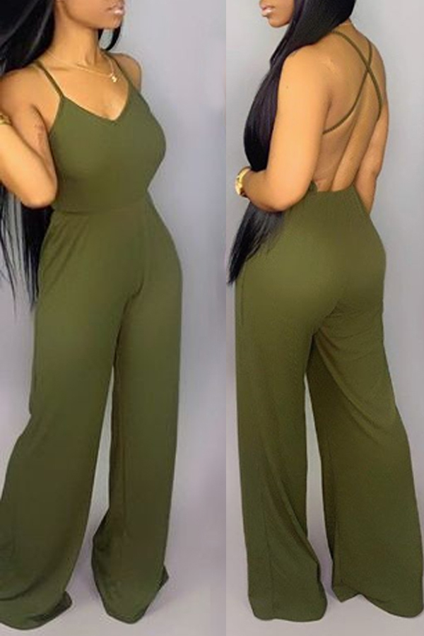 

Lovely Sexy Backless Green One-piece Jumpsuit