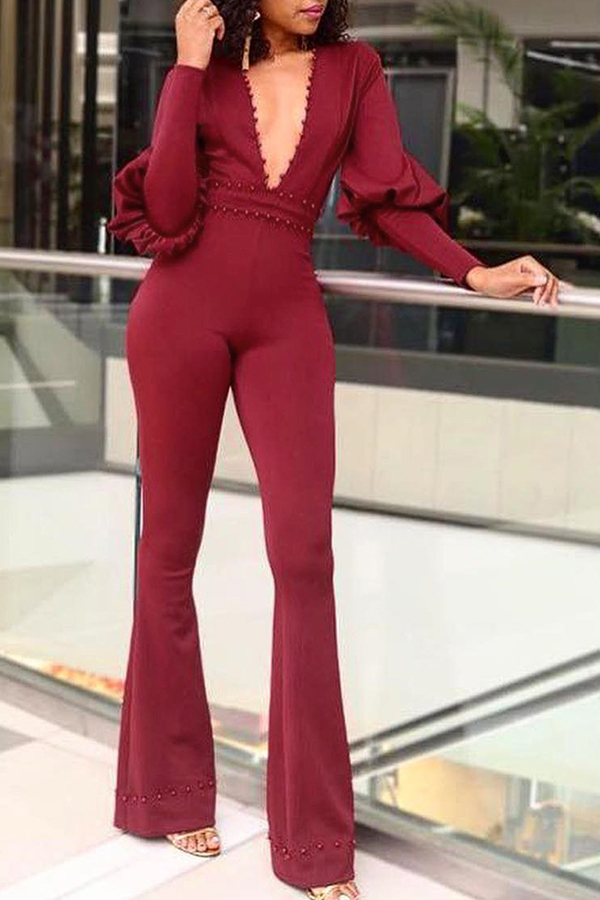 

Lovely Trendy deep V Neck Red Jumpsuit, Wine red