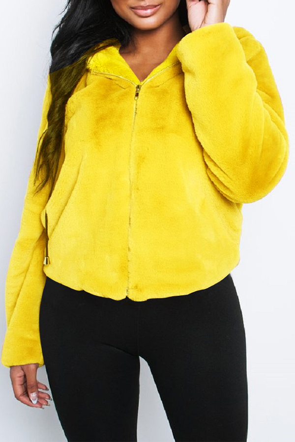 

Lovely Sweet Basic Short Yellow Faux Fur Coat