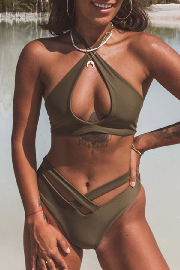 

Lovely Hollow-out Army Green Two-piece Swimsuit