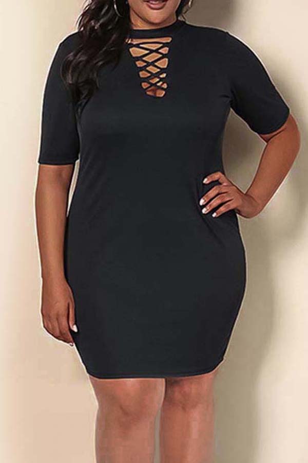

Lovely Casual Hollow-out Black Knee Length Plus Size Dress