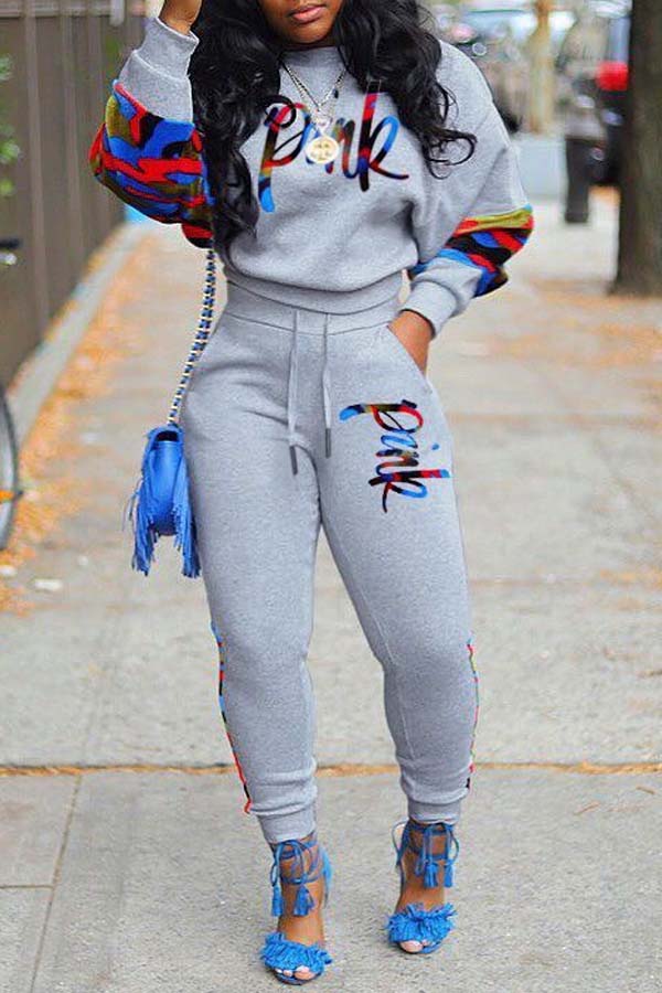 Lovely Casual O Neck Patchwork Grey Two-piece Pants Set