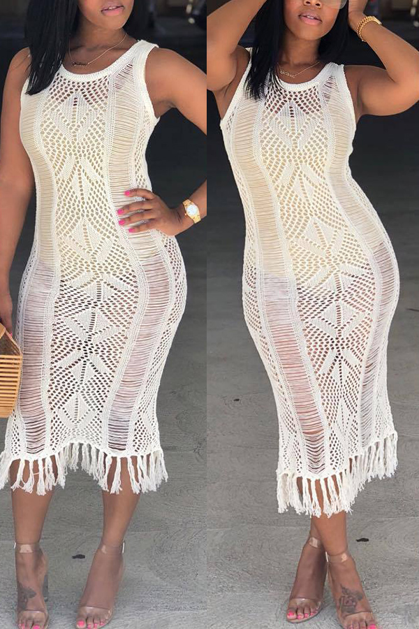 

Lovely Trendy Tassel Design Beige Ankle Length Dress