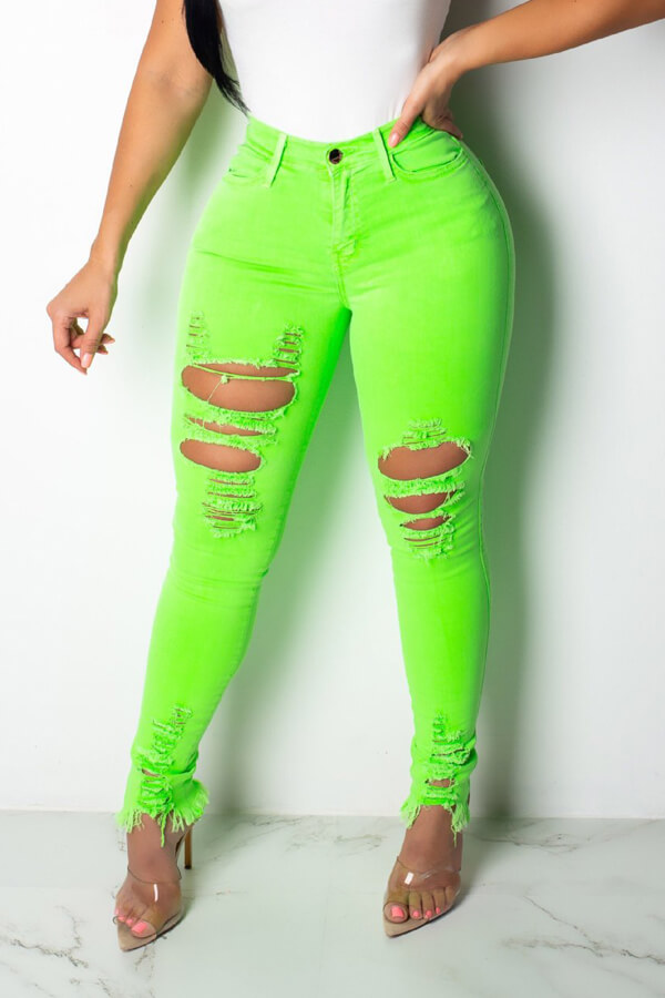 Lovely Trendy Broken Holes Green Jeans_Jeans_Bottoms_LovelyWholesale ...